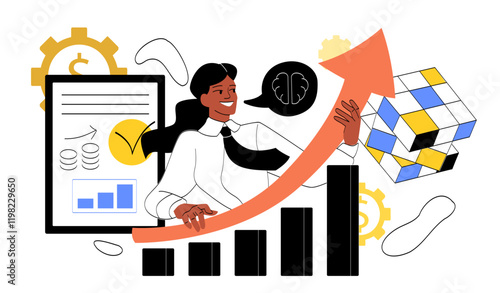 Business manager woman. Businesswoman with graphs and charts. Analyst conducting marketing research. Financial literacy and passive income. Linear vector illustration