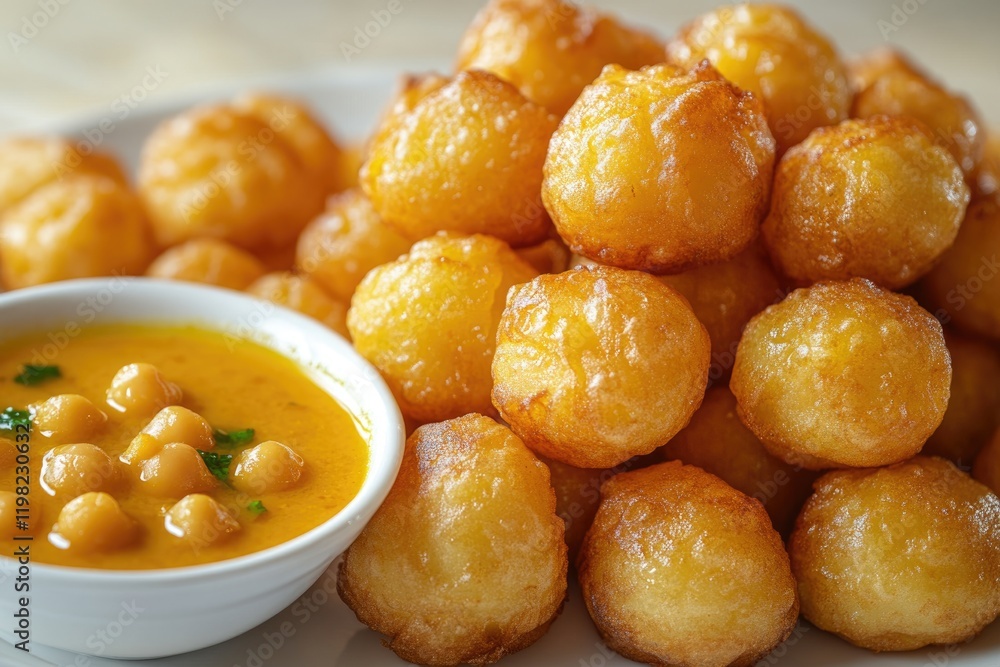 Golden fried dough balls served with a creamy chickpea curry, a delightful Middle Eastern treat. Golden fried dough balls served with a creamy chickpea curry, a delightful Middle Eastern treat.
