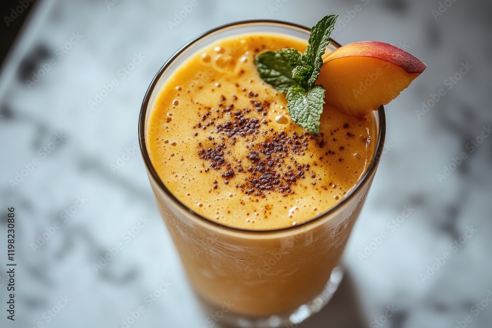 Peach smoothie topped with cocoa powder and mint, refreshing summer drink. Peach smoothie topped with cocoa powder and mint, refreshing summer drink.