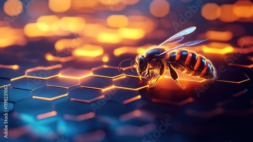 Bee on glowing hexagonal surface. (1) photo