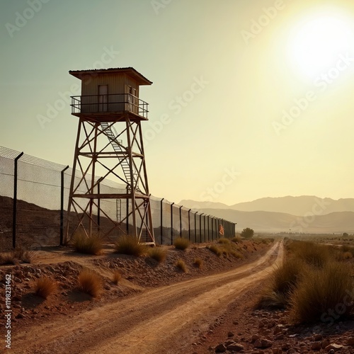 A watchtower stands tall beside a fence overlooking a dirt road stretching towards distant mountains under a setting sun photo