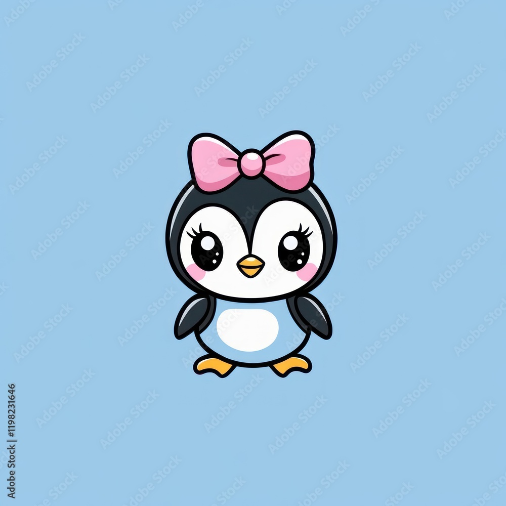 Cute penguin girl, bow, blue background, children's illustration, card design Cute penguin girl, bow, blue background, children's illustration, card design