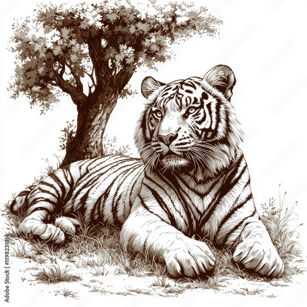 Fototapeta premium Majestic White Tiger Resting Under a Tree: A Captivating Wildlife Image