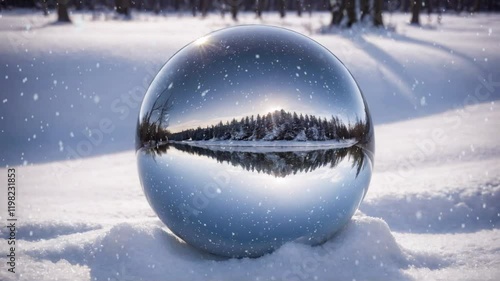 Crystal ball, snowball with snowy Christmas tree inside. Animation of christmas snowflakes falling over snow globe on blured background. 4K Video
