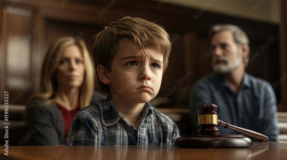 Sad boy sitting at a table in the background of his parents. Sad boy sitting at a table in the background of his parents.