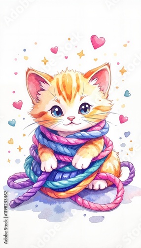 Cute kitten wrapped in colorful woolen threads with hearts background. 