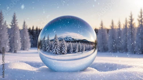 Crystal ball, snowball with snowy Christmas tree inside. Animation of christmas snowflakes falling over snow globe on blured background. 4K Video