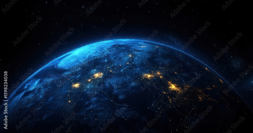 Obraz premium Global Connection of Earth in Cyberspace with Network Technology and Digital Communication in a Futuristic Virtual World