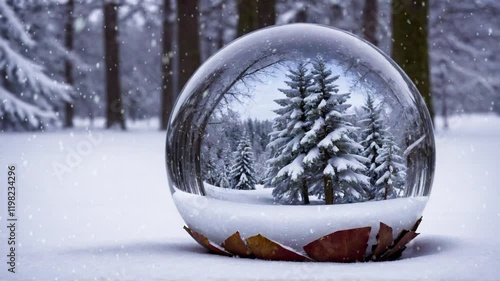 Crystal ball, snowball with snowy Christmas tree inside. Animation of christmas snowflakes falling over snow globe on blured background. 4K Video