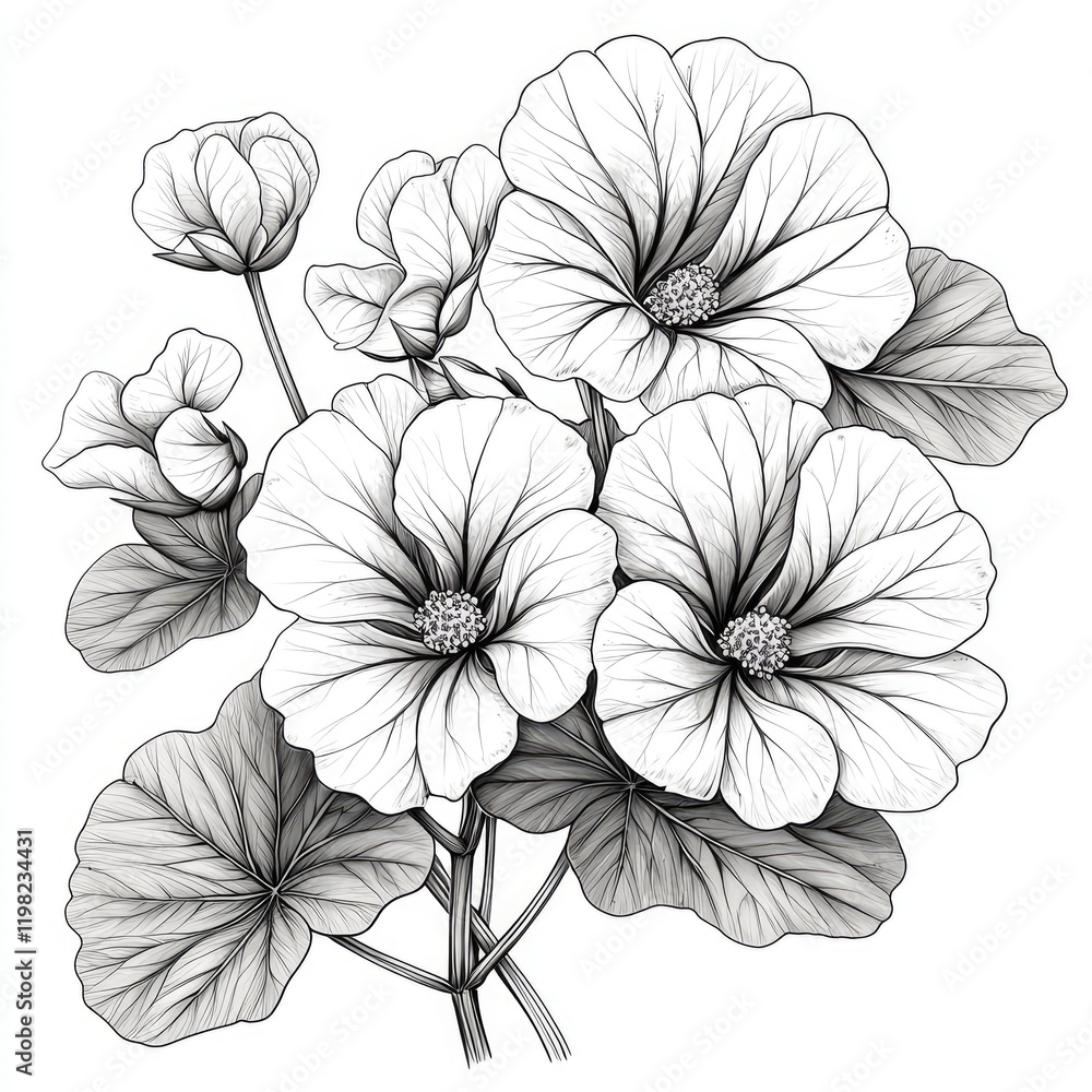 Fototapeta premium Monochrome Botanical Illustration: Exquisite Line Art of Delicate Flowers. A stunning black and white drawing showcasing intricate details and elegant floral patterns.