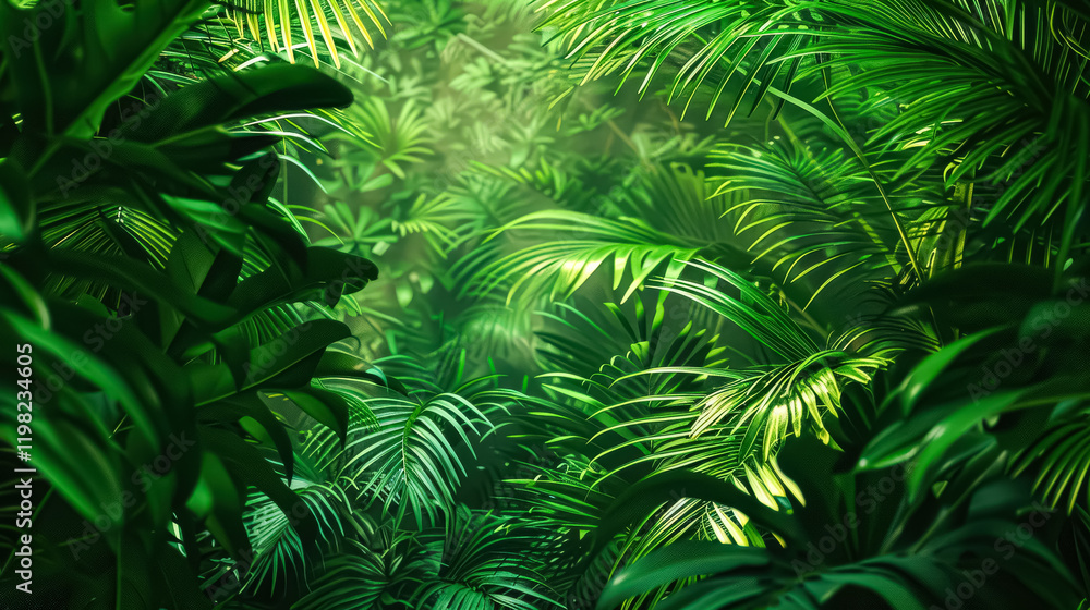 Lush green jungle with many leaves and plants. The jungle is full of life and is a beautiful and peaceful place