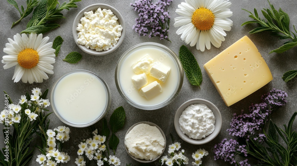 Dairy products, herbs, flowers, flatlay, food photography, recipe Dairy products, herbs, flowers, flatlay, food photography, recipe