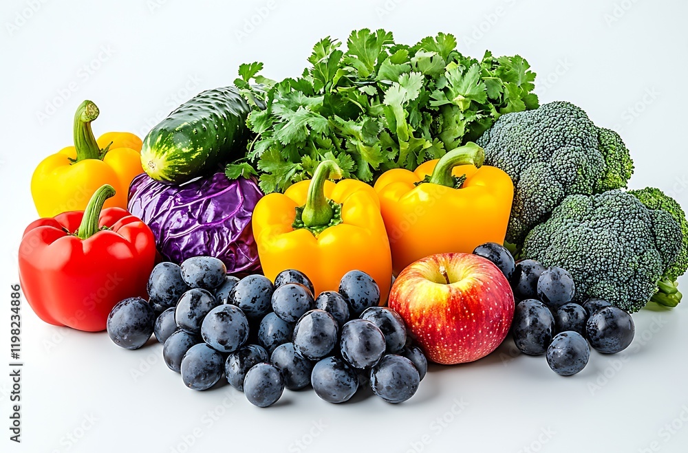 Colorful Array of Fresh Vegetables and Fruits Including Peppers Grapes and Broccoli : Generative AI Colorful Array of Fresh Vegetables and Fruits Including Peppers Grapes and Broccoli : Generative AI