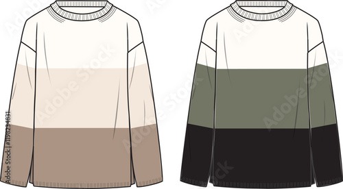 Women's Colour-block Jumper. Technical fashion illustration. Women's CAD mock-up.