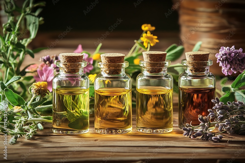 Four essential oil bottles in rustic setting with fresh blossom accents : Generative AI