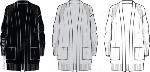 Women's Stitch Detail Cardigan. Technical fashion illustration. Front, white, black and grey color. Women's CAD mock-up.