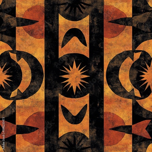 Abstract Geometric Pattern: An eye-catching abstract geometric pattern with a vintage, rustic aesthetic. The pattern features bold, geometric shapes in warm tones of orange. photo