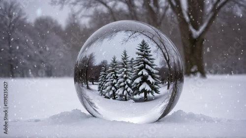 Crystal ball, snowball with snowy Christmas tree inside. Animation of christmas snowflakes falling over snow globe on blured background. 4K Video