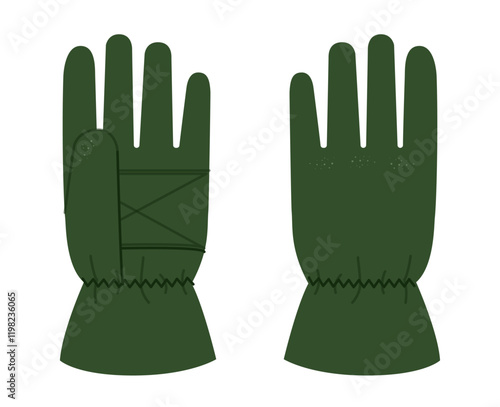 Ski Gloves Igloos Insulated Core emerald green cartoon Fashion hand accessory clothing technical illustration garment. Vector front palm back view for Men, women, unisex style flat on white background