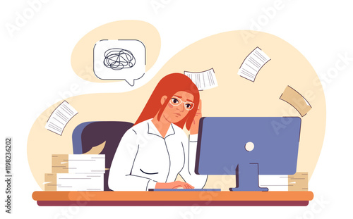 Professional burnout at work. Tired woman at workplace with lot of work. Mental and psychological problems. Headache and tiredness. Inefficient workflow. Flat vector illustration
