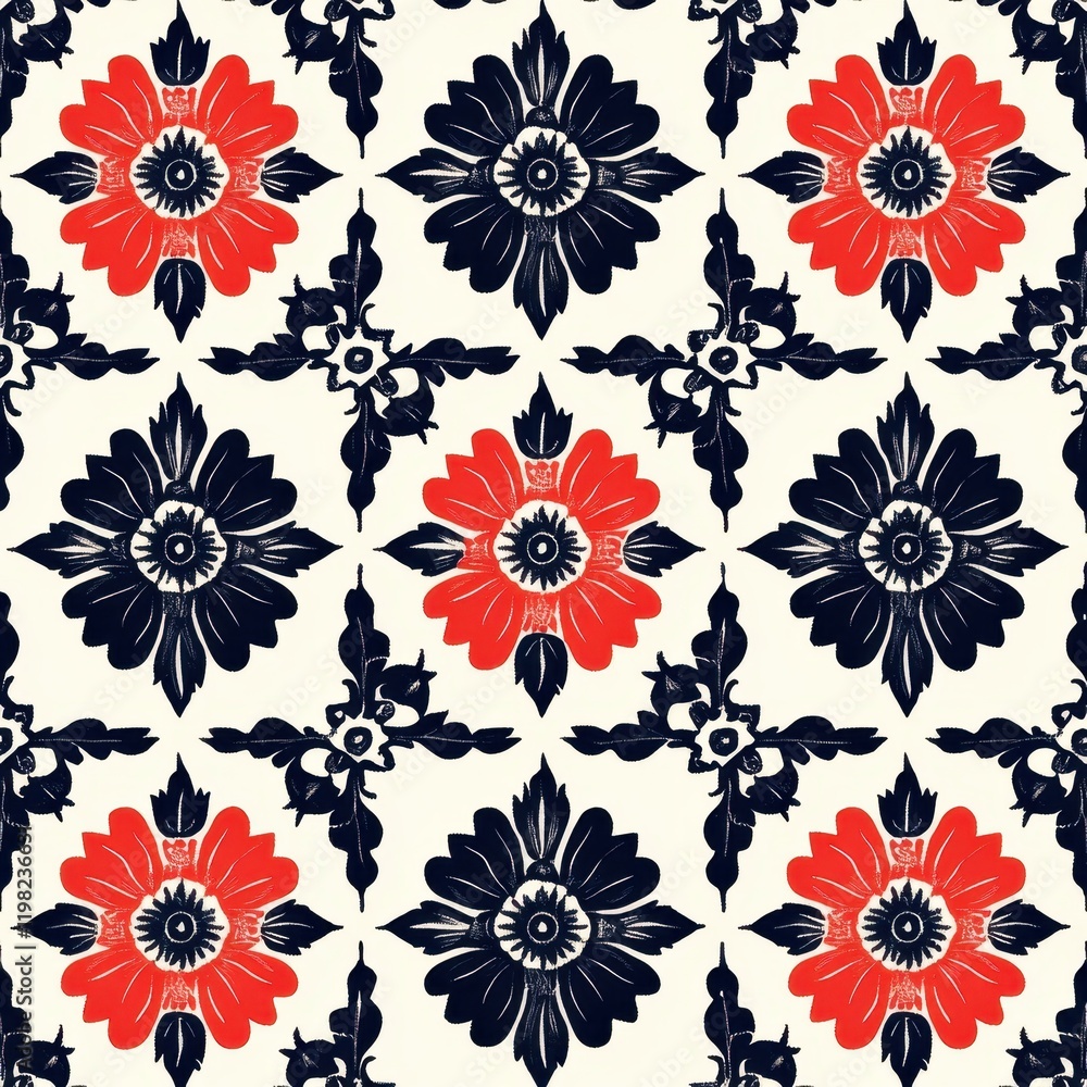Fototapeta premium Floral Tile Pattern: Red and navy blue stylized floral design on a cream background. Seamless pattern perfect for textile prints, wallpaper, or home decor.