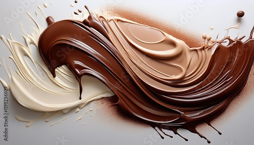 Vibrant Mocha Mousse and Chocolatte Swirls Against a White Backdrop Abstract Painting Showcasing Textured Color Strokes. photo