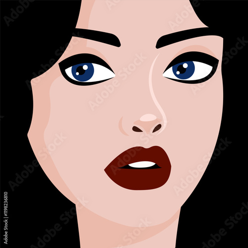 female face vector, retro look, black hair woman illustration