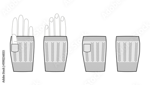 Gloves Fingerless Knit Wool Short length Fashion hand accessory clothing technical illustration garment. Vector front palm back view for Men, women style flat template CAD mockup sketch outline