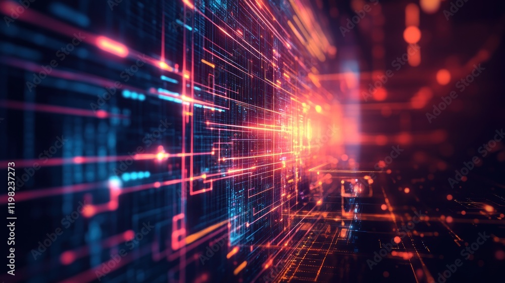 Obraz premium Abstract digital network data flow, glowing lines and nodes.