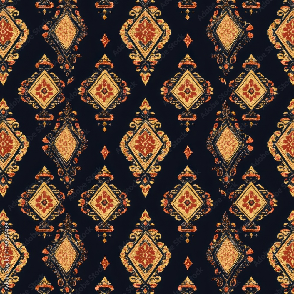 Royal Ornamentation: An opulent and intricate pattern showcases ornate diamond and floral motifs in a rich tapestry of colors and textures. Royal Ornamentation: An opulent and intricate pattern showcases ornate diamond and floral motifs in a rich tapestry of colors and textures.