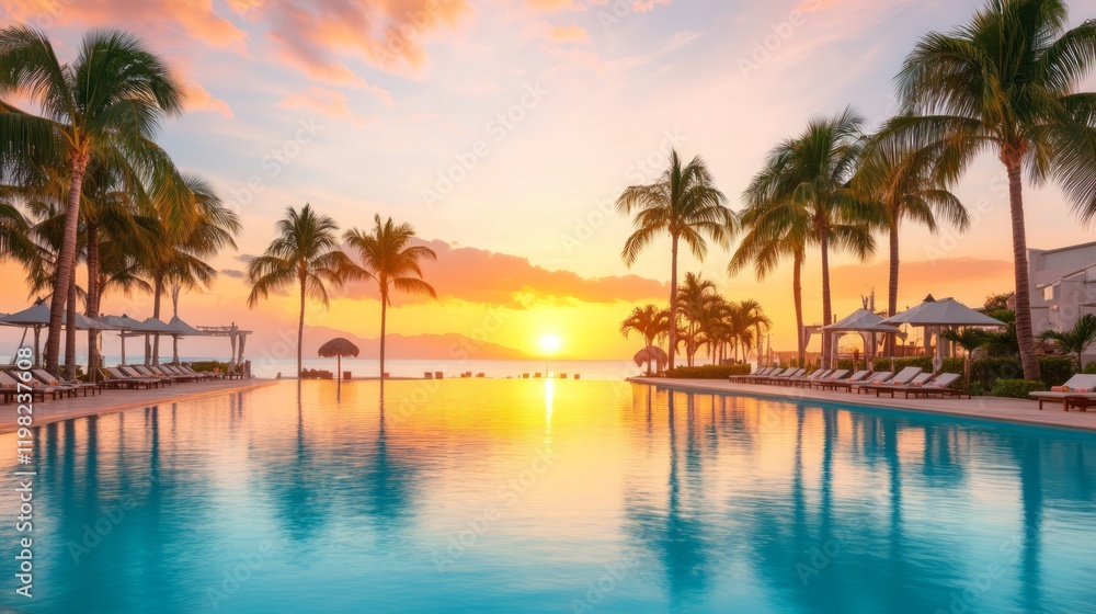 Serenity at Sunset: A Tranquil Poolside Oasis Surrounded by Palm Trees, Perfect for Relaxation and Leisure in a Tropical Paradise Setting Serenity at Sunset: A Tranquil Poolside Oasis Surrounded by Palm Trees, Perfect for Relaxation and Leisure in a Tropical Paradise Setting