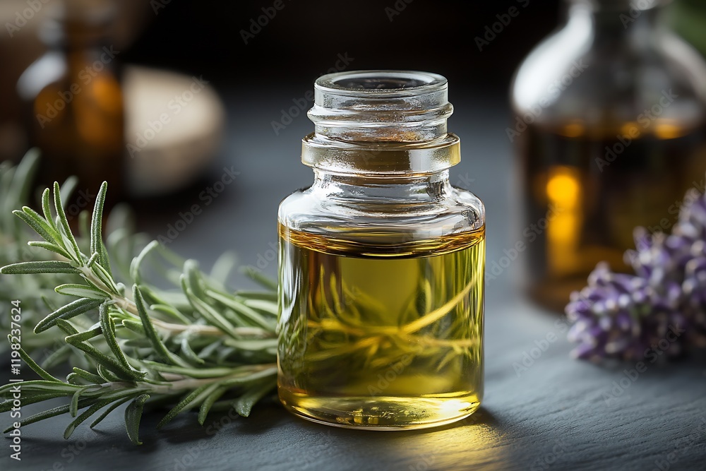 Fragrant Essential Oil Bottle with Lavender and Rosemary on Slate Surface : Generative AI Fragrant Essential Oil Bottle with Lavender and Rosemary on Slate Surface : Generative AI