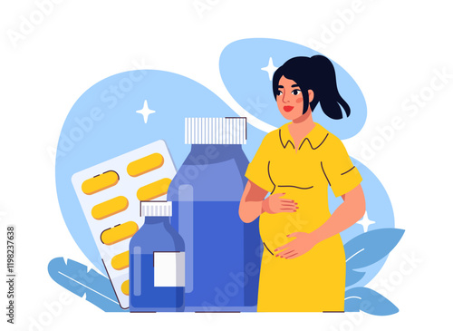 Vitamins for pregnant women. Young girl near huge blisters with pills. Diagnosis and treatment. Natural supplements for pregnant women. Healthcare and medicine. Flat vector illustration