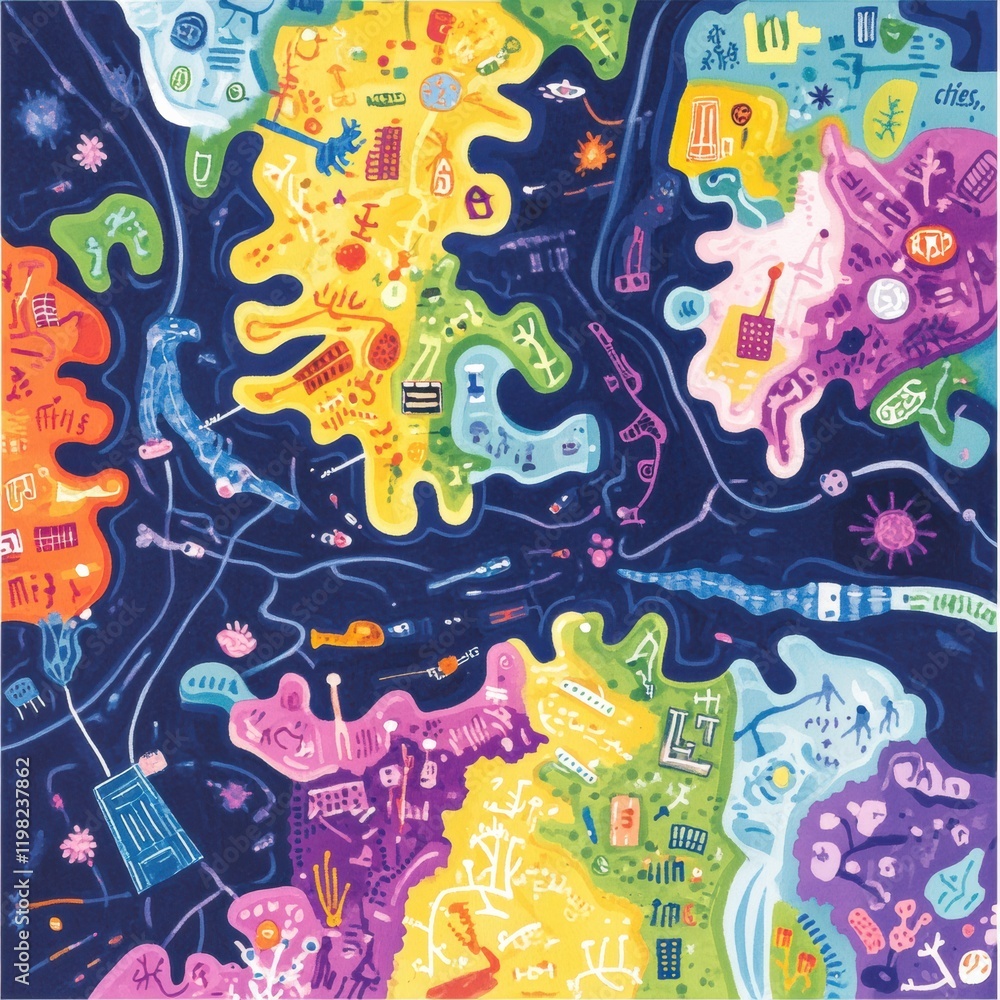 Obraz premium Playful map depicting colorful bacteria colonies labeled as imaginative cities in a fun and vibrant layout. Generative AI