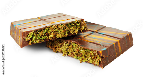 Canvas Print Pieces of Dubai chocolate bar with pistachio and knafeh isolated on white
