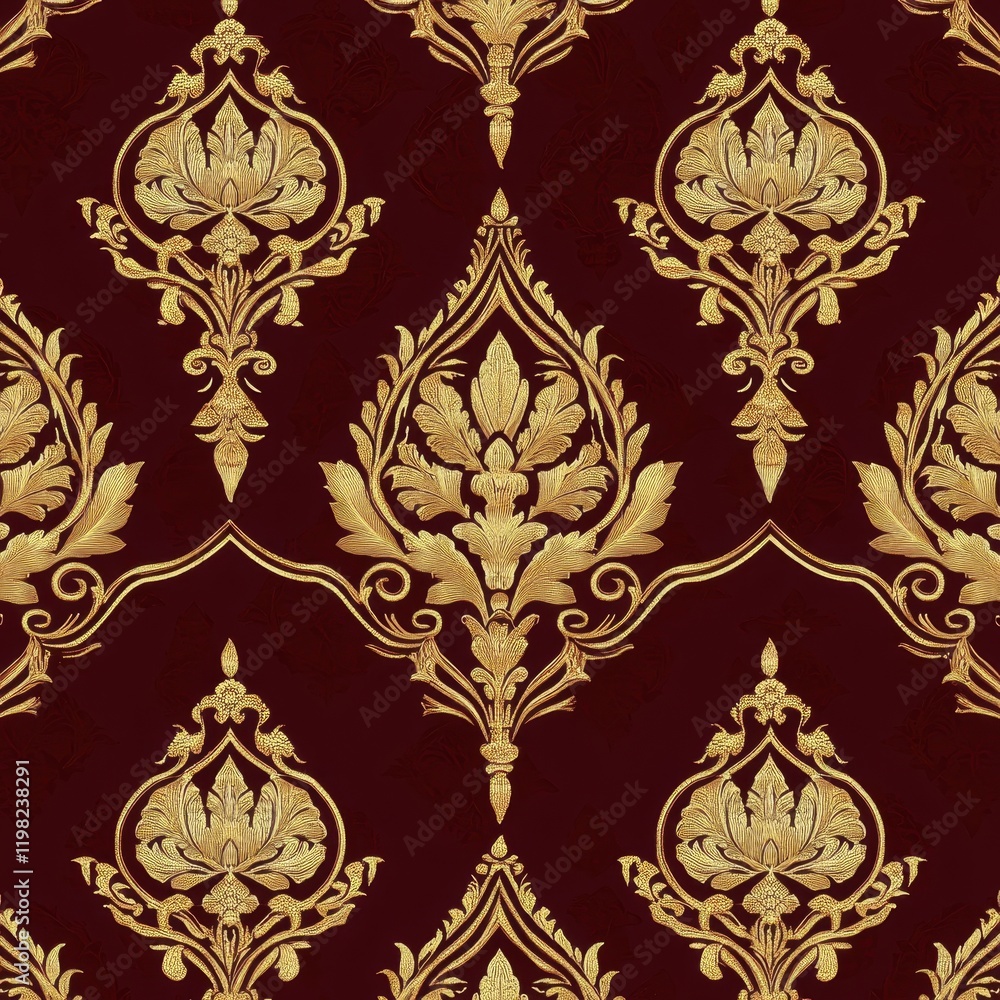 Golden Damask Pattern: A rich, luxurious damask pattern in gold on a deep burgundy background. This ornate, seamless design features intricate floral and acanthus leaf motifs. Golden Damask Pattern: A rich, luxurious damask pattern in gold on a deep burgundy background. This ornate, seamless design features intricate floral and acanthus leaf motifs.