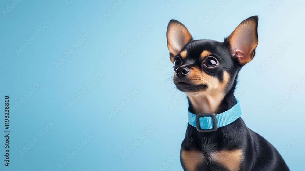 cute black and tan Chihuahua with blue collar against light blue background. cute black and tan Chihuahua with blue collar against light blue background.