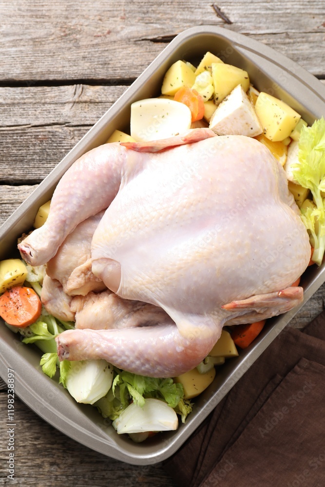 Raw turkey and vegetables in baking dish on wooden table, top view Raw turkey and vegetables in baking dish on wooden table, top view