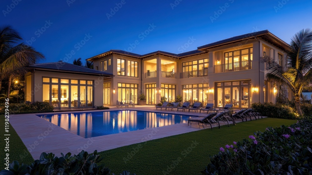Fototapeta premium Luxury Waterfront Mansion at Dusk
