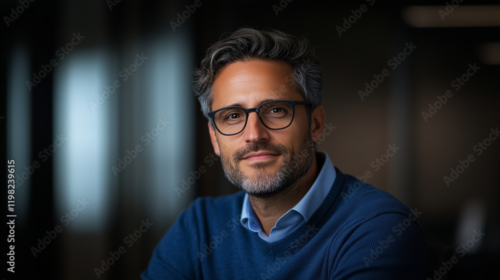 Obraz premium Confident man with glasses, smiling in professional setting, wearing blue sweater.