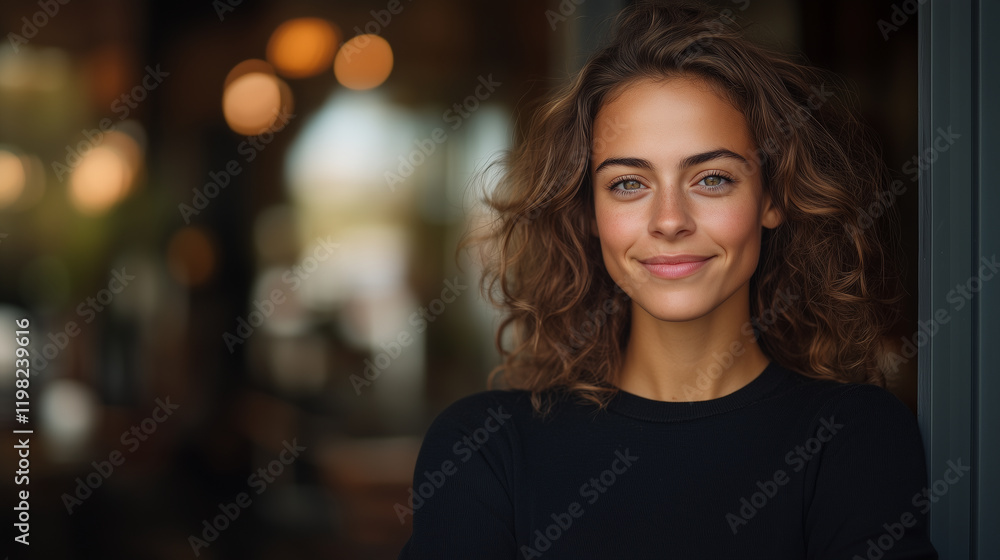 Obraz premium confident young woman with curly hair smiles warmly, showcasing her ambition and positivity in cozy setting.