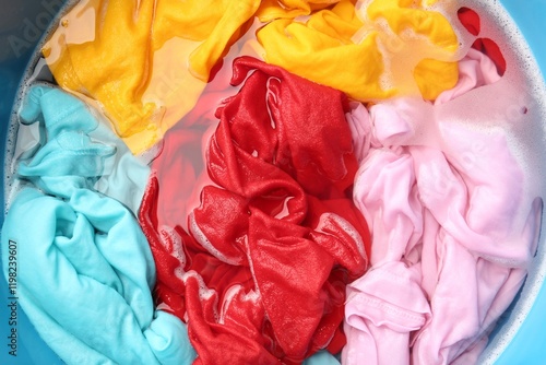 Colorful clothes soaked in water before washing, top view photo