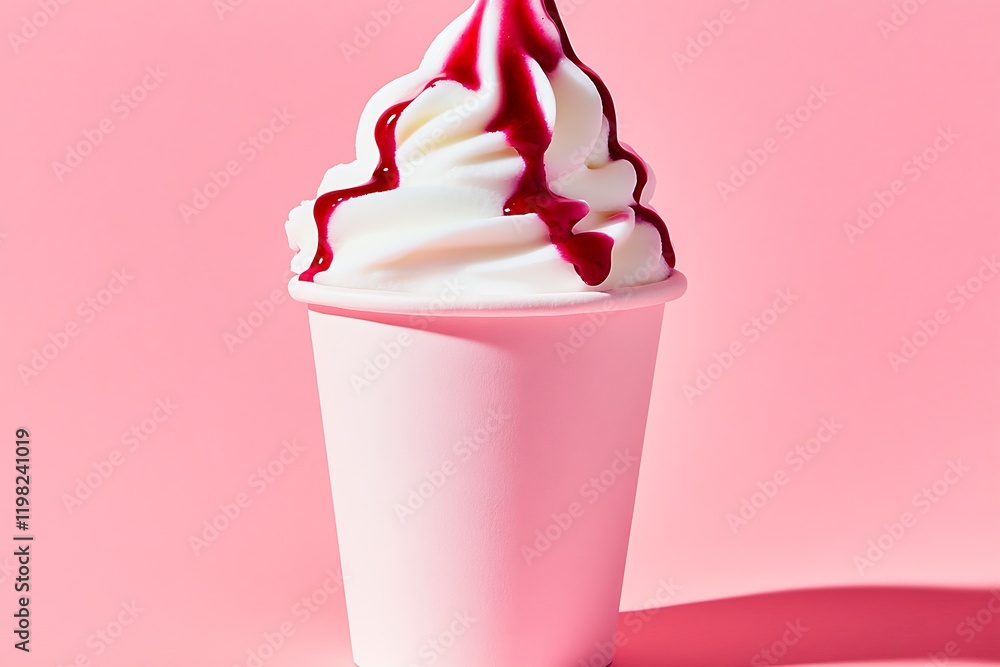 Enticing Ice Cream Swirl with Berry Sauce Drizzle in Pastel Pink Cup : Generative AI Enticing Ice Cream Swirl with Berry Sauce Drizzle in Pastel Pink Cup : Generative AI