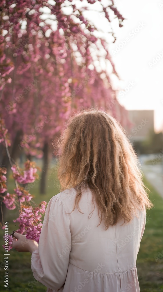 A young Caucasian woman with curly hair in a light blouse admires blooming cherry blossoms in a serene outdoor setting during golden hour. A young Caucasian woman with curly hair in a light blouse admires blooming cherry blossoms in a serene outdoor setting during golden hour.