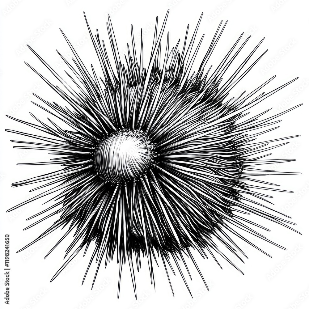 Naklejka premium Sea Urchin: Intricate Black and White Ink Drawing of a Spiky Echinoderm
