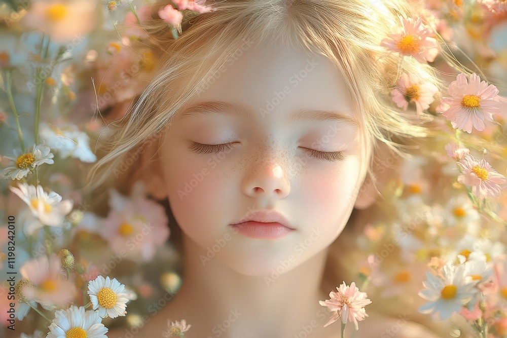 child in a whimsical garden, eyes closed in prayer as vibrant flowers bloom around her, ethereal light surrounding her, symbolizing purity and hope child in a whimsical garden, eyes closed in prayer as vibrant flowers bloom around her, ethereal light surrounding her, symbolizing purity and hope