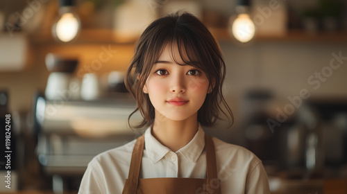 young woman with warm smile stands cozy cafe, wearing apron. inviting atmosphere is enhanced by soft lighting and coffee equipment background.