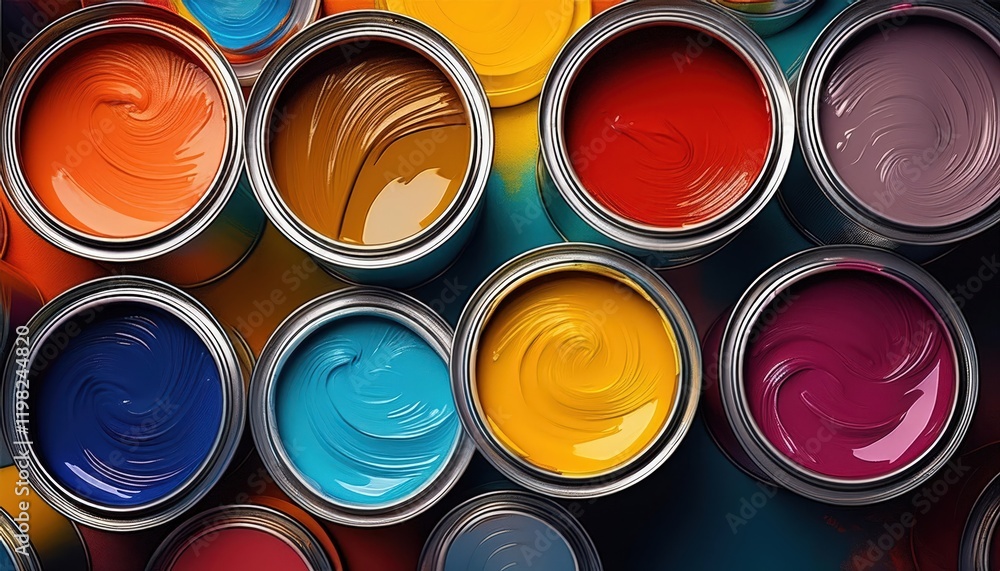 Vibrant Collection of Paint Cans in Various Shades under Soft Ambient Lighting, Capturing a Studio Snapshot on January th, Vibrant Collection of Paint Cans in Various Shades under Soft Ambient Lighting, Capturing a Studio Snapshot on January th,