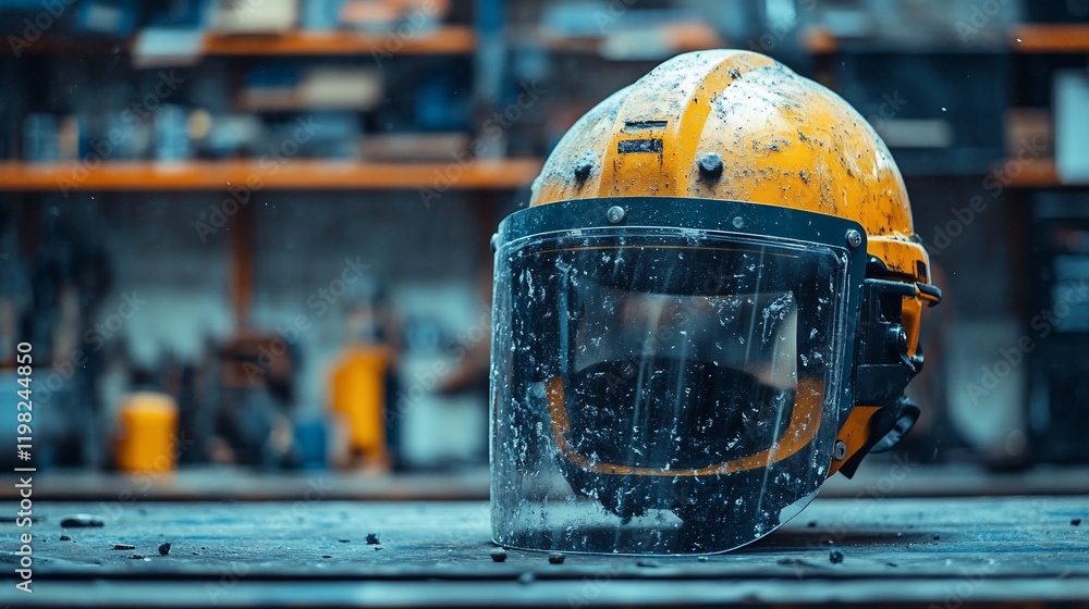 Dirty yellow helmet, workbench, workshop background; safety equipment Dirty yellow helmet, workbench, workshop background; safety equipment