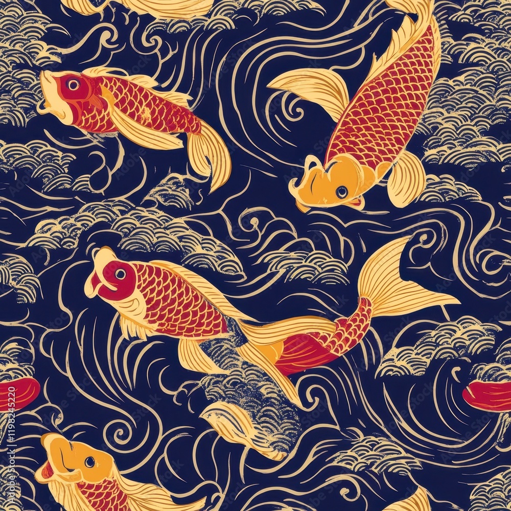 Koi Fish Seamless Pattern: A vibrant and intricate seamless pattern featuring golden koi fish swimming gracefully amidst stylized waves, evoking a sense of serenity and traditional Japanese artistry. Koi Fish Seamless Pattern: A vibrant and intricate seamless pattern featuring golden koi fish swimming gracefully amidst stylized waves, evoking a sense of serenity and traditional Japanese artistry.